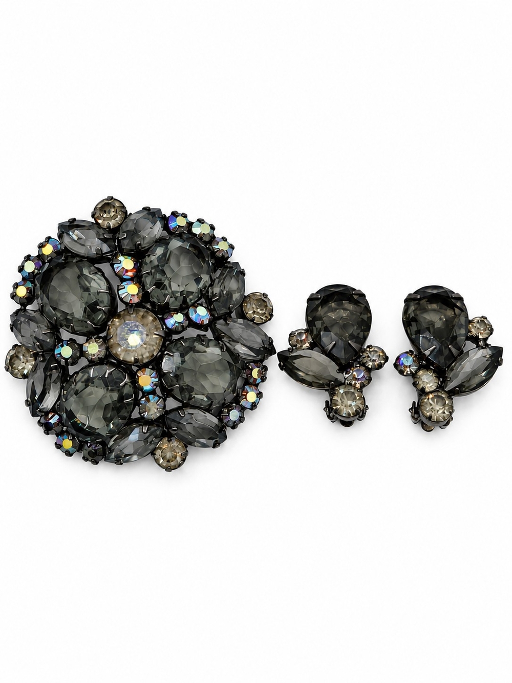 Delizza and Elster Juliana Smoky AB Brooch and Earring Set- Book piece